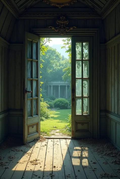 interior of a shed of a royal palace, old, with dust , dingy,  illustration 2d ,   Victorian style ,  with glass doors on the sides