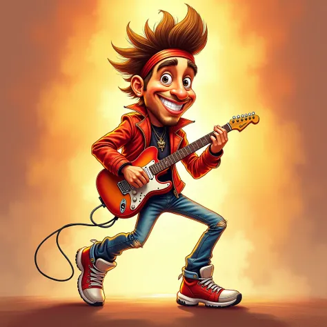 Create a humorous caricature of a musician with spiky hair, exaggerated facial expressions, and a playful grin. Dress them in a vibrant red jacket with gold accents, fitted jeans, and stylish sneakers. Add a bold headband and show them holding a guitar whi...