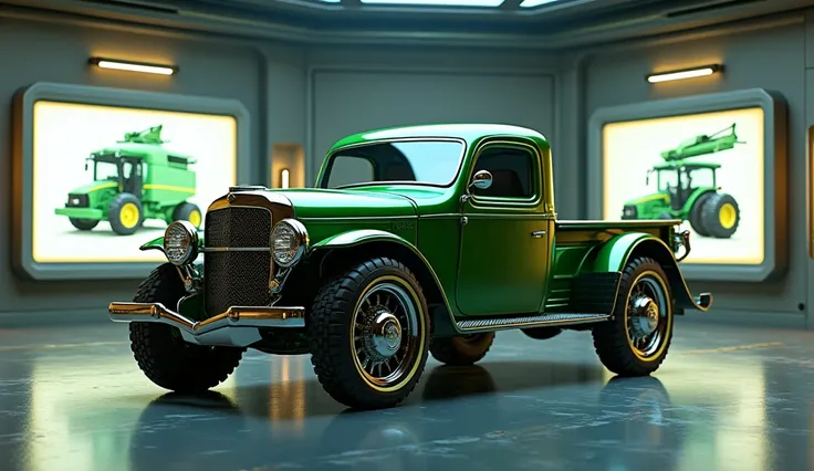 A futuristic showroom featuring a John Deere pickup truck seen from the front view, showcasing an old yet sleek design with a metallic chassis, vintage green and yellow accents, and chrome details. The vehicle includes a panoramic glass roof and bold headl...