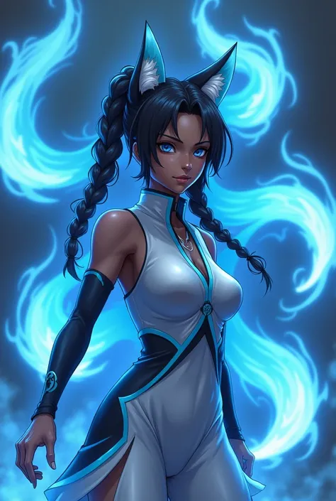 Anime, only(female Naruto skin color, black)nine tail fox aura form in blue(Naruto, female outfit, color, silver(and blue design detail trim)Black Hair, Twin Braids, 