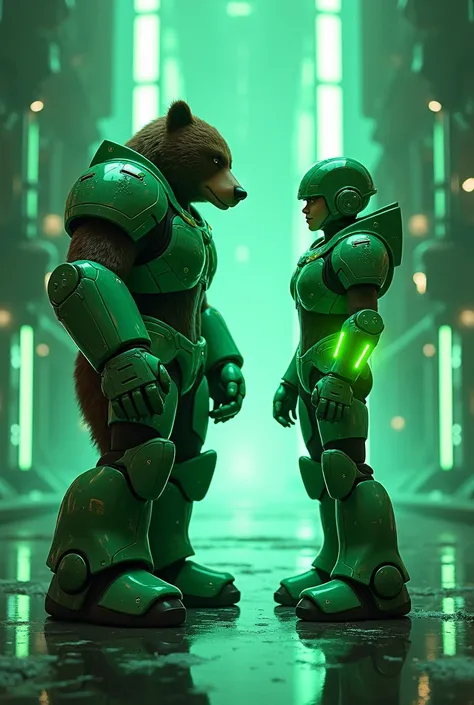 "A full-body artwork of a bear and a human standing face to face in the style of MegaMan X. The bear is clad in emerald green cybernetic armor, with glowing energy constructs forming claws around its arms and a green cyber ring glowing on its hand. The hum...