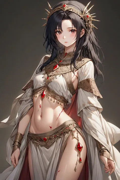 Female, 28 years old, 173 cm tall, good figure, perfect figure. Dressed like a desert person in the Middle Ages. She has a scar on her stomach near her navel. There was a red crystal stuck to his forehead, and he had beautiful black hair.