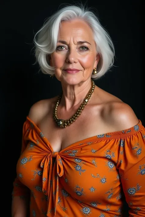 1 adult female, 60 years old, Alone, medium casual hair, Bob hair, curvy body, Looking at Viewer, white hair, Wrinkles on face, Bare shoulders, Brown eyes, jewels, Full body, necklace, bare shoulders, (wearing tie-collared shirt Elegant patterned orange he...