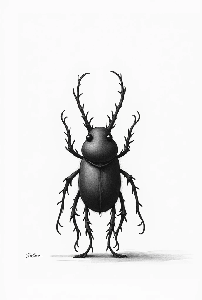 image of Gregorio converted into a cute and faceless human beetle only as an insect from the work called Metamorphosis its author is Franz Kafka, It has to be in black and white in pencil 