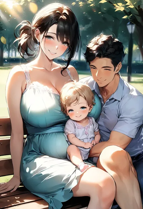 (( best quality)), ((masterpiece)), ( Details), (１A married woman 　１Little Human Girl ), sexy,  Busty, dark-haired housewife ９５CM Busty housewife , SHORT PONYTAIL,Mature Woman, ((( sits beside her, smiles, and clings２year-old  ))), (((Mother and  sitting o...