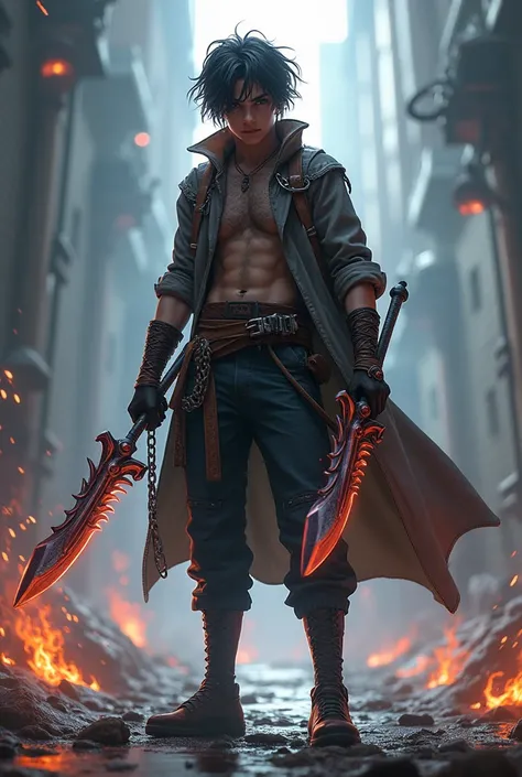 A 20 year old boy, delgado, of a height of 1 .70 and wavy hair , interdimensional explorer ,  lethal for battles ,  accompanied by double blades that have chains embedded in the handles to extend the blades,  something similar to Kratos blades in God of Wa...