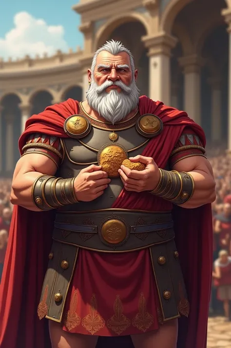  best quality,  masterpiece,  highest resolution， (Roman Emperor) ，（Roman gladiator） ，（Parliament_background），Elderly men，Overweight， eating， Anime Style ,（4K）, Alone， ((whole body)) ，  looking at the camera,  hyper-detail , ( intricate details ),