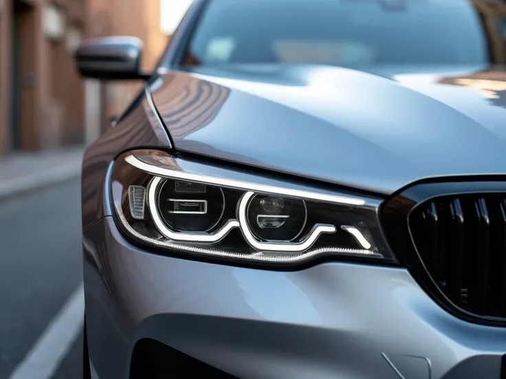 Car headlight detail, luxury sedan, BMW, metallic silver paint, LED halo lights, curvy bodywork, street background, shallow depth of field, automotive photography, high-end vehicle, daytime, crisp focus, sleek design, modern technology
