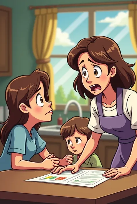  cartoon of a mother scolding her daughter then pounding the table because of ugly repeat scores, her son sits pensively with his head down ,  his brown-haired daughter is moved 