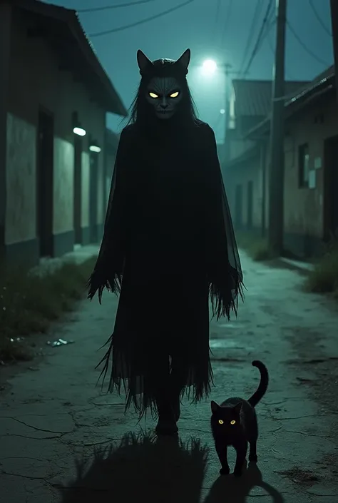 A woman dressed in black with the face of a deformed cat walking down a rural street in Venezuela at night with an atmosphere of terror and a frightened black cat on the floor