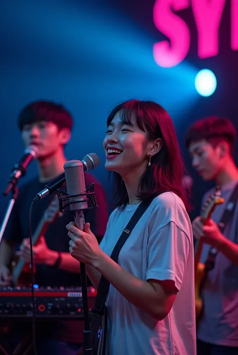 images of young Chinese individuals singing in a music studio with microphones.
It can also feature musical instruments such as guitars and keyboards.
- The colour scheme should consist of a dark background with vibrant text in blues and pinks.