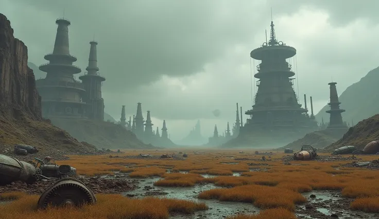 In a vast desolate field, , , the scene of post-apocalyptic devastation is revealed under the sky laden with gray and heavy clouds . The landscape, , marked by the ruins of large metal structures and oxidized copper plates ,  reflects the futuristic steamp...