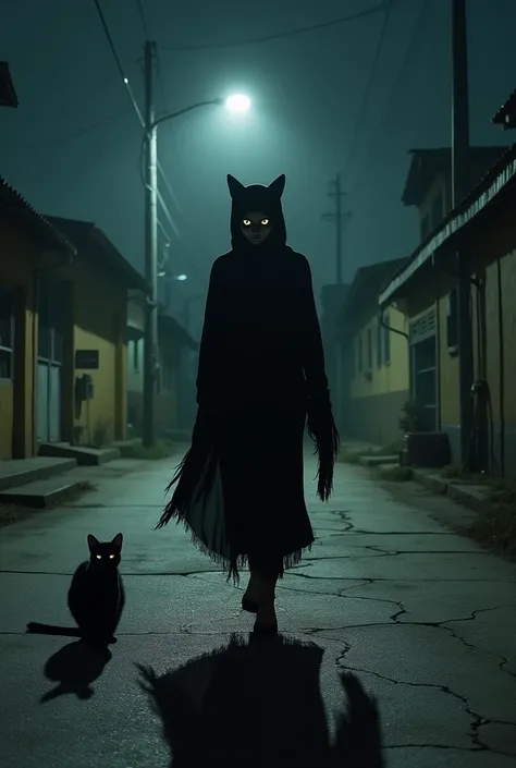 A woman dressed in black with the face of a deformed cat walking down a rural street in Venezuela at night with an atmosphere of terror and a frightened black cat on the floor