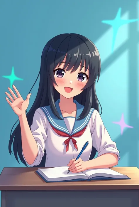 
glowing line, ren are learning, 1 hand writes in a book, 1 hand raise, (light blue background), black hair, smile, student, in the classroom, glowing, light skin, fullbody, girl, (round face: 1.5, bara:1.5), (flat anime:1.5, anime, flat color), (3d realis...