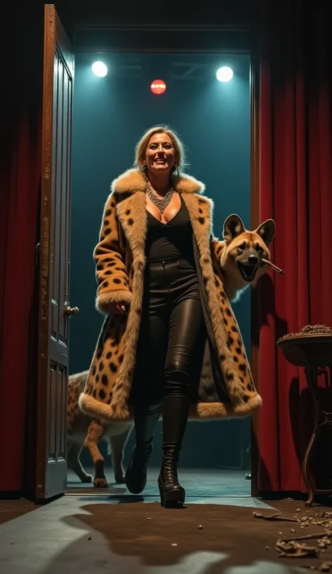 The camera pans to the stage entrance, where the gangster woman appears with a sinister smirk, smoking a cigar. Her fur coat mimics a hyenas spotted patterns, while a real hyena emerges behind her, snarling loudly. The hyena leaps onto the stage, knocking ...