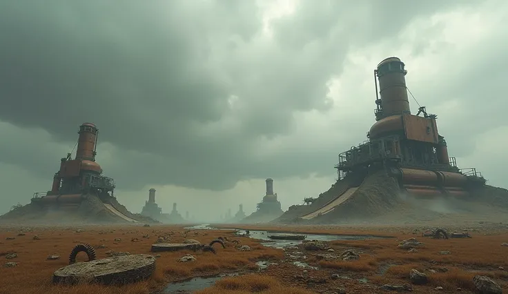 In a vast desolate field, , , the scene of post-apocalyptic devastation is revealed under the sky laden with gray and heavy clouds . The landscape, , marked by the ruins of large metal structures and oxidized copper plates ,  reflects the futuristic steamp...