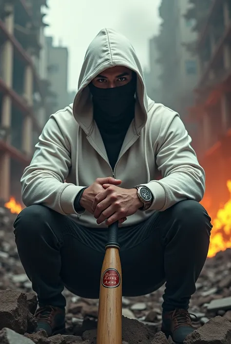 A man wearing a white Hoodie sweater and mask is sitting carrying a baseball bat there is a Bang Azay Name Logo, background of destroyed city there is fire 