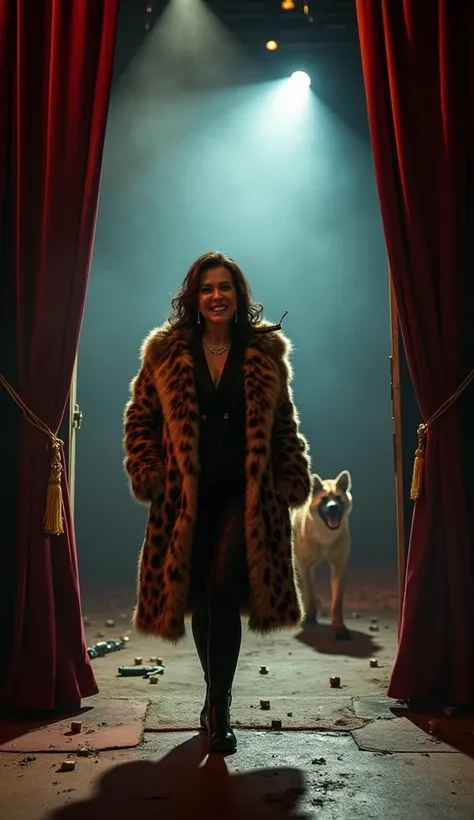 The camera pans to the stage entrance, where the gangster woman appears with a sinister smirk, smoking a cigar. Her fur coat mimics a hyenas spotted patterns, while a real hyena emerges behind her, snarling loudly. The hyena leaps onto the stage, knocking ...