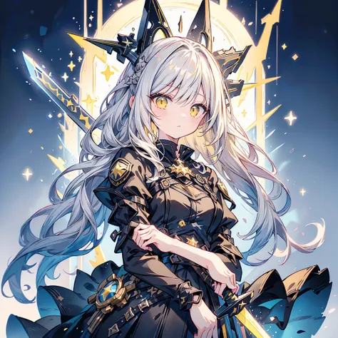  Trading Cards 、young GIRL ,Holy War Maiden , Gray Hair, Black clothes, With no expression,   yellow eyes,  character , anime, rpg, hand drawn,   High Details ,black simple background、Legendary Sword、universe、star、流star群、 Aurora、star、black and yellow palet...