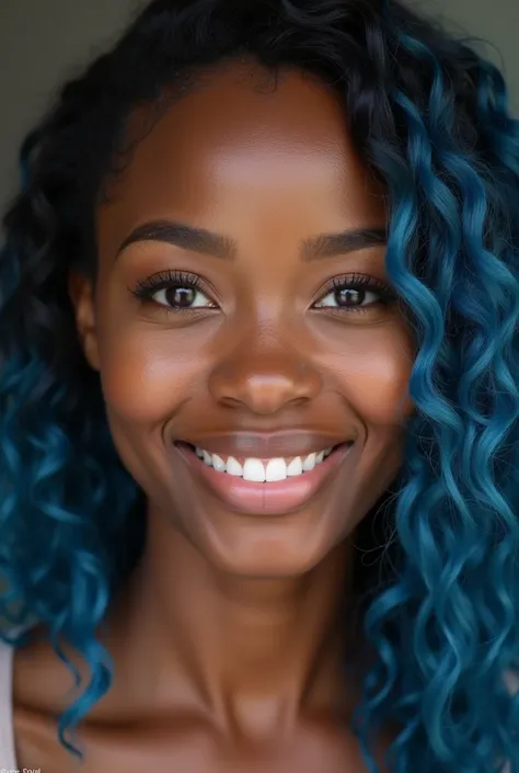 face portrait of 30 year old girl brown skin indigenous features pretty beautiful friendly, cute, trustworthy, kind, realistic, 4k, blue hair