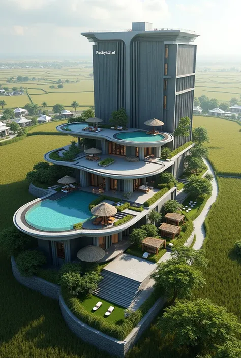 Created a Futuristic and Luxury Building with the logo RUSDHY HOTEL, pool and garden on roof top, Slight Variation of Grey and Navy color style on the wall, surrounded by many small, simple, thatched-roofed antique lagoon villas in a large rice field area,...