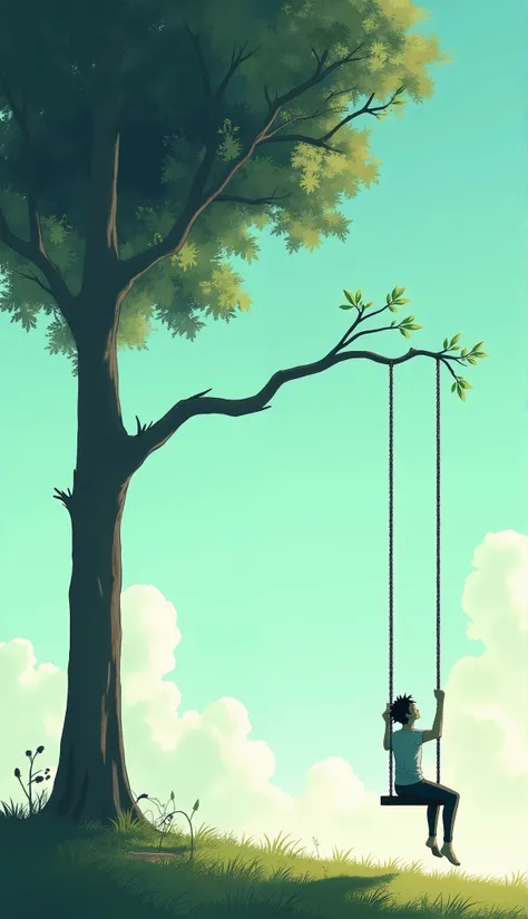 A tree on the left side .  With a long branch on top sticking out to the right .  In the middle a swing and a  sitting looking up at the sky 
