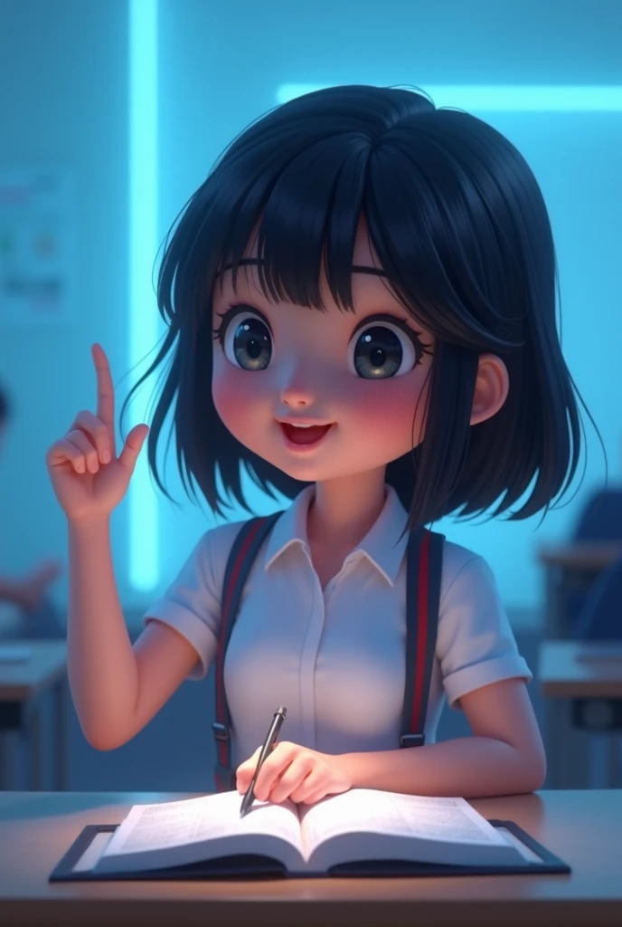 
glowing line, ren are learning, 1 hand writes in a book, 1 hand raise, (light blue background), black hair, smile, student, in the classroom, glowing, light skin, fullbody, girl, (round face: 1.5, bara:1.5), (3d realistic)