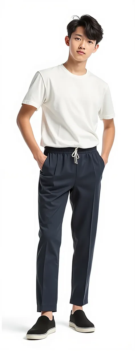 White shirt round neck, short sleeve, dark blue long sport pants, real people, black shoes, Asian teenager 
