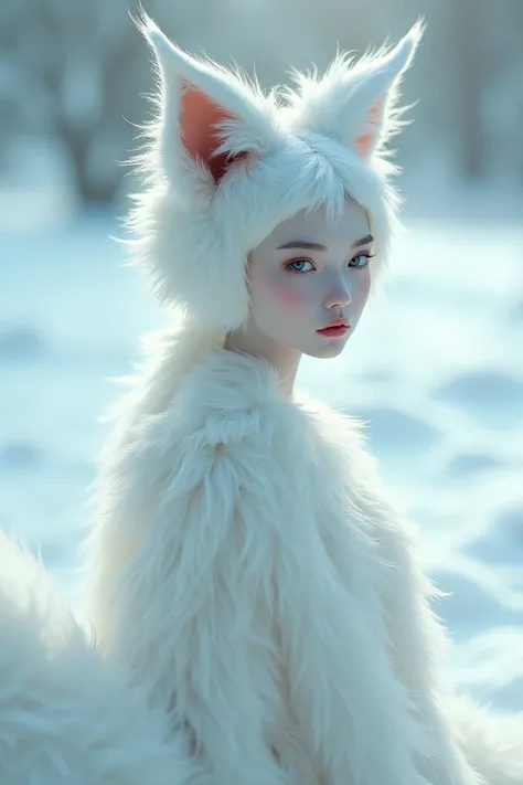 Blonde with very white skin and big blue eyes ,  long and thin neck were discovered and white fox ears and white fox tail in the snow