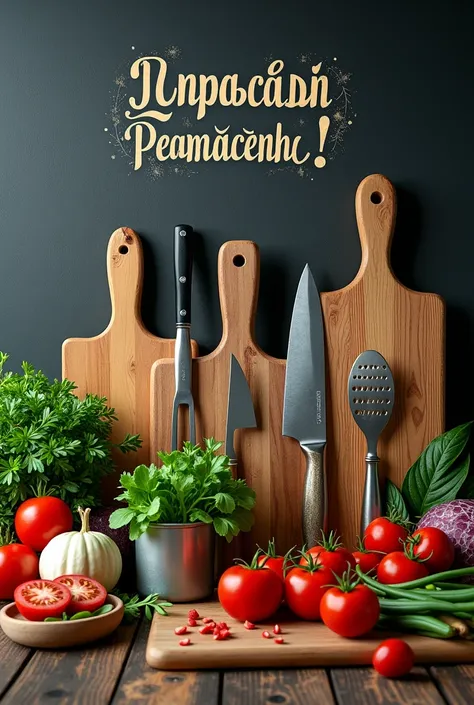  Kitchenware and fresh produce on the table, and above them there is an inscription in Russian:  “Time to create culinary masterpieces” .