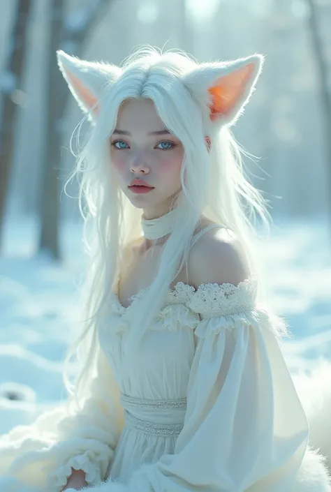 Blonde with very white skin and big blue eyes ,  long and thin neck were discovered and white fox ears and white fox tail in the snow