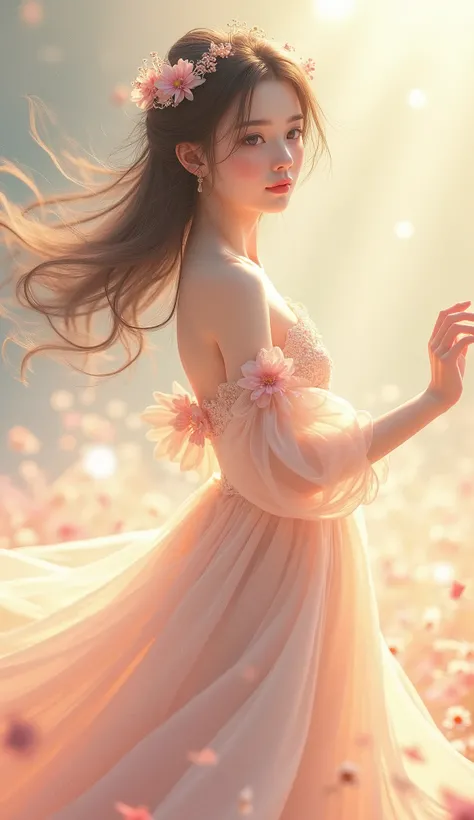 1girl, ethereal dancing, mute girl, anime girl, illustration,anime,beautiful detailed eyes, beautiful detailed lips, extremely detailed eyes and face, long eyelashes, graceful dance, marvelous gown, flowing gown, 3D octane render, anime art style, serene e...