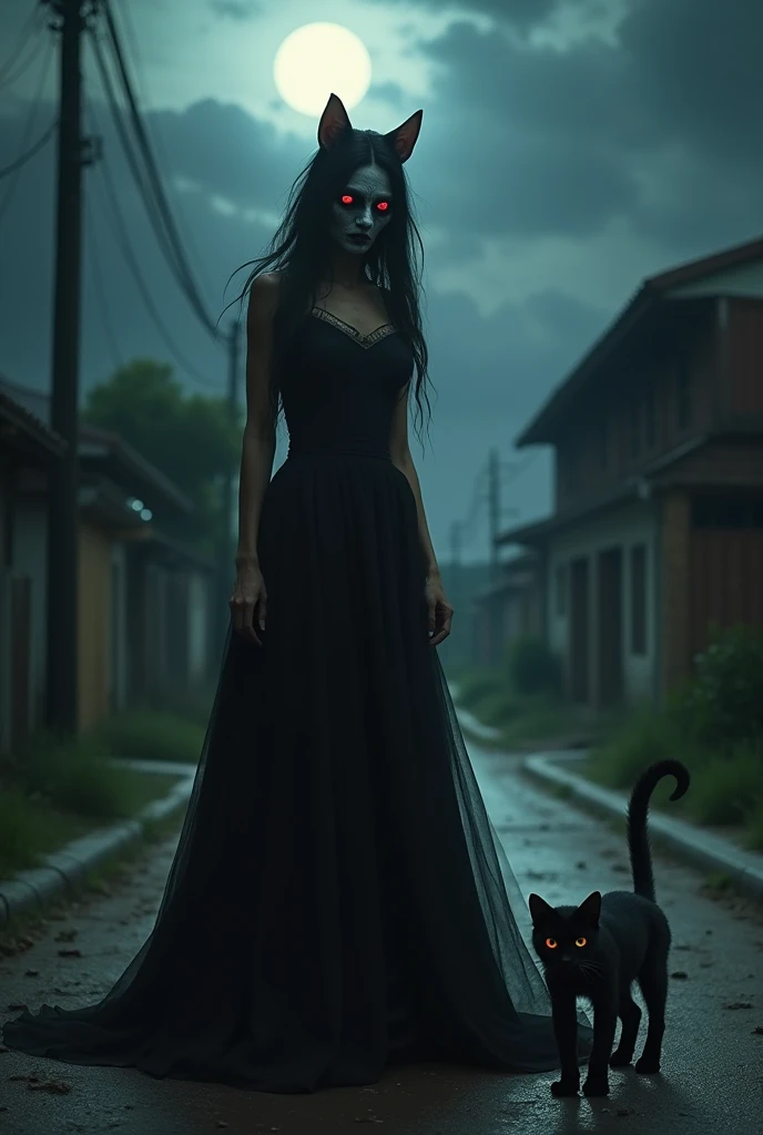 A woman dressed in black with a cats face and deformed red eyes sitting on a rural street in Venezuela at night with an atmosphere of terror and a frightened black cat on the floor