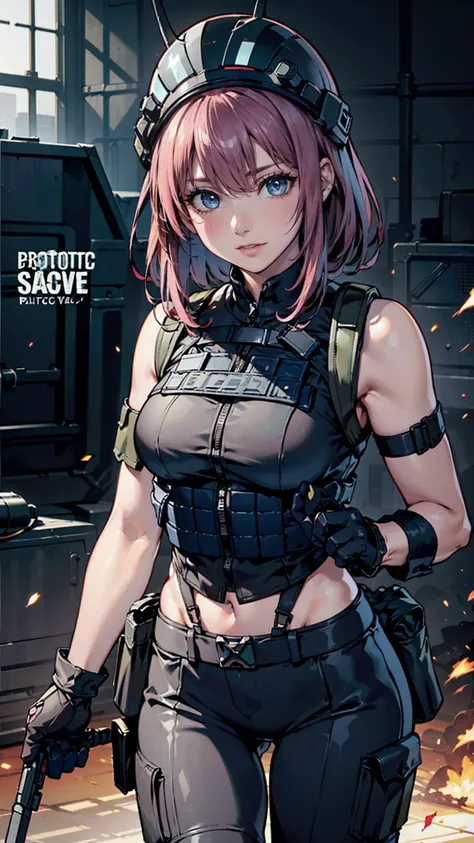 Metal Gear Solid Style, (  Details intricate full cover tactical helmet:1.3), ( Pink Hair),  COWBOY SHOOTING ,  Dynamic Poses ,  1 girl, Alone,  ray tracing, (masterpiece), ( best quality), (  Details), (  Details tactical gear:1.1), ( Bulletproof Vest :1....