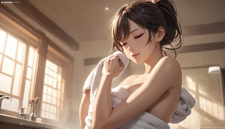 One naked japanese girl, slim body, taking a bath, drying her hair with a towel, masterpiece, top quality, 32k wallpaper, extremely detailed CG, surprising, ultra detailed, surrealism, Official Art, High quality textures, high resolution, cute and mature, ...