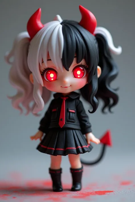 SD Character, The full body of a doll dressed as a devil , ４Head size,Full body showing up to the feet , Good Smile Company anime style as black and white split hair in the center ,  Nendoroid のようなスタイル,  Good Smile Company anime style , Burning, Anime Figu...