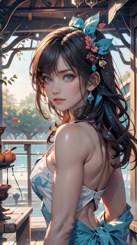 (masterpiece,  best quality,  best quality,  Official Art,  Beauty and Aesthetics : 1.2), ( 1 girl: 1.3), ( fractal art: 1.3), Vibrant Aqua Blue Eyes, Medium length hair with tassels, Nude midpart