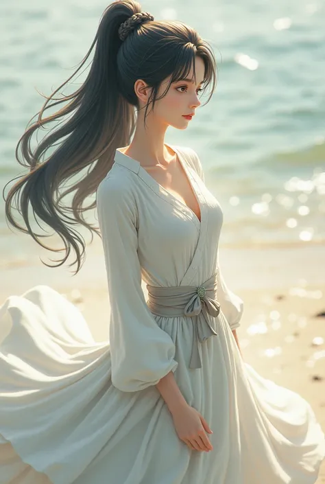 one piece with a small  in a long skirt with a white shirt with long hair tied up