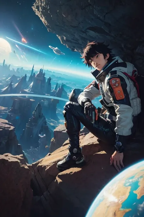  anime man sitting on the ground looking at the Earth, Space cowboy , cyber Space cowboy ,  inspired by Josan Gonzalez, Makoto Shinkai (  Apex Legends ),  Akira art style , Lostland Style, Akira Vibe,  Akira art style , Floating next to the planet, Joe San...