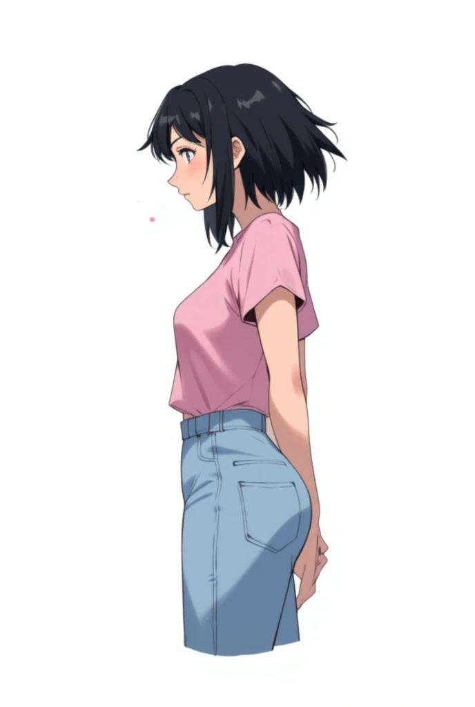 anime illustration, no background: girl, full body casual clothes, floating, profile, black short hair,