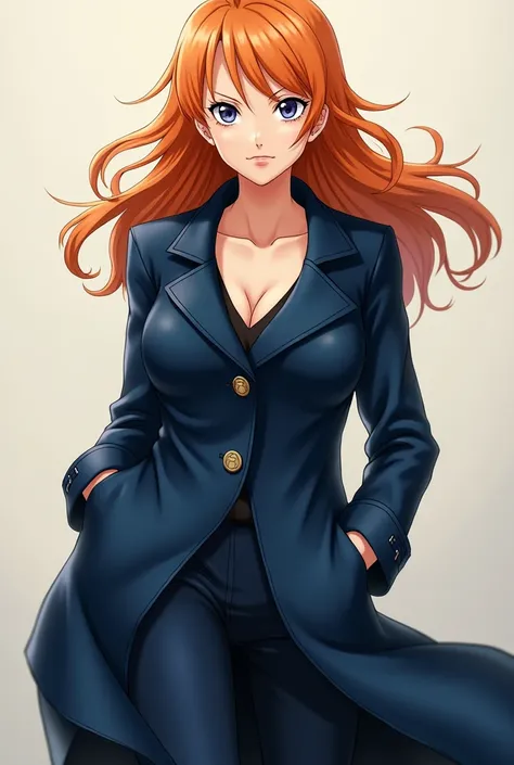 Nami from One Piece is wearing a navy coat