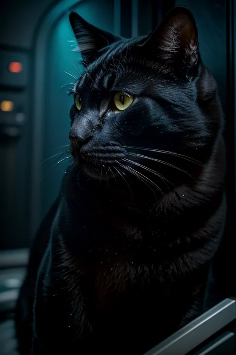 a close-up portrait of a black cat in a parallel universe, hyper detailed, cinematic, dramatic lighting, intricate sci-fi enviro...