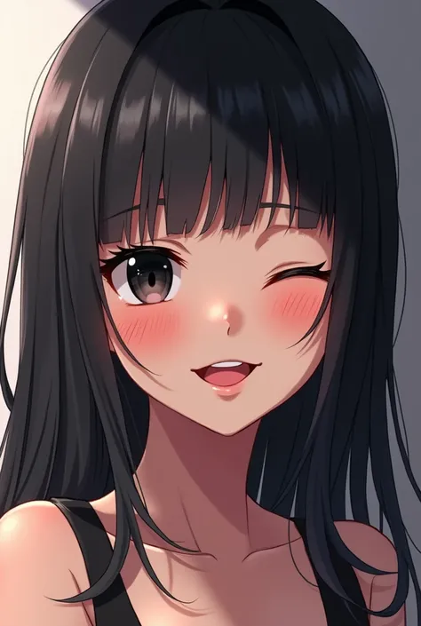  Girl drawn in semi-realistic anime style. She is reflected as :  Sexy and jovial and fun and adorable and somewhat mysterious. black hair and black eyes. With a mischievous and sweet smile ,  winking and the other squinting and an eyebrow raised on one si...