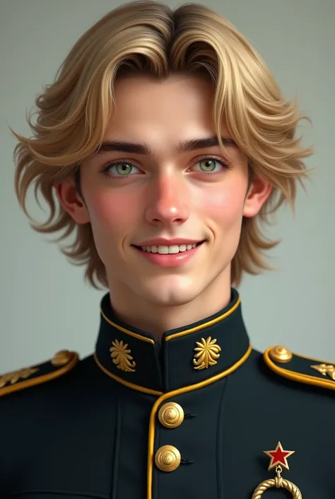  Young man (age 25 years), bro, Blonde hair, catchy smile ,  light green eyes , School Prestige school military style uniform.