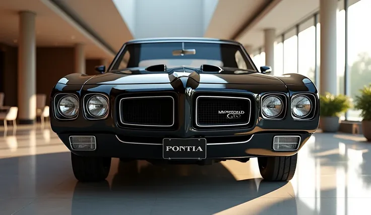 Create a 3d render front side  review car design 1970 Pontiac GTO “black clour with a “Pontiac GTO ” logo on front side . “” on its  rontend look. and. Headlights“in pure glossy black with ultra detailed glossy shining image captured from back review showr...