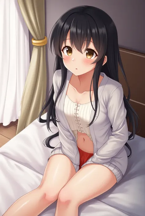 [Masterpiece],[erotic],[horny],[hentai],[high quality],[anime style], 1 girl, with long straight black hair , light skin,  brown eyes ,  sitting on the floor near the bed ,  with her head slightly upwards,  looking at the viewer ,  giving a blow job, Sucki...