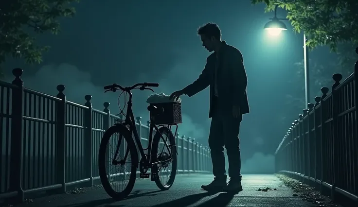 A realistic depiction of Madassami standing beside his bicycle on the eerie bridge at night, his face frozen in shock and fear. His eyes are wide, staring at the bicycle carrier, where he senses the weight of an invisible presence. The atmosphere is thick ...