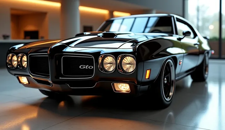 Create a 3d render front right side  review car design 1970 Pontiac GTO “black clour with a “Pontiac GTO ” logo on front side . “” on its  rontend look. and. Headlights“in pure glossy black with ultra detailed glossy shining image captured from back review...