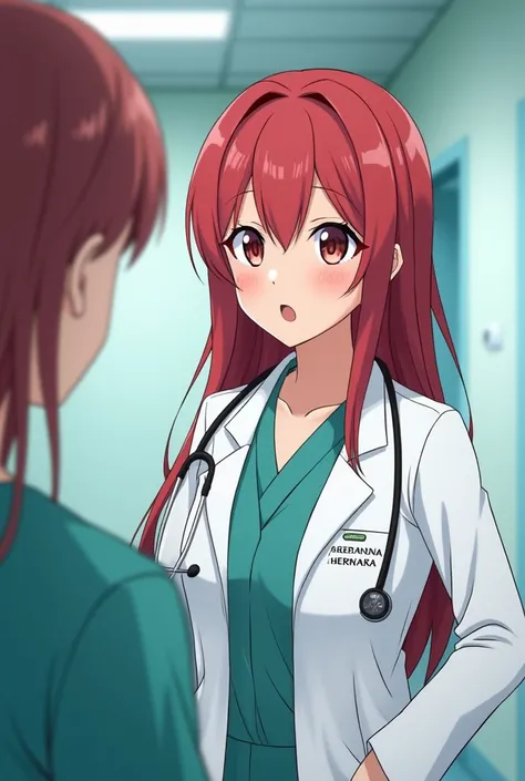 In a hospital and anime context, create a scene of a medical round with a red-haired psychologist who has straight hair, slanted eyes, and fair skin with a patient. Make it fun in a hospital setting. "Do it this way, but have the patient have different fea...