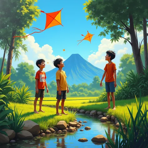  oil paint painting , 3 ren elementary school boys  Javanese village skinny body wearing dirty clothes smile face,  short hair ,  playing kites2 high above the village street ,  small clear water flowing bouncing shadow , there are rice fields with the tex...